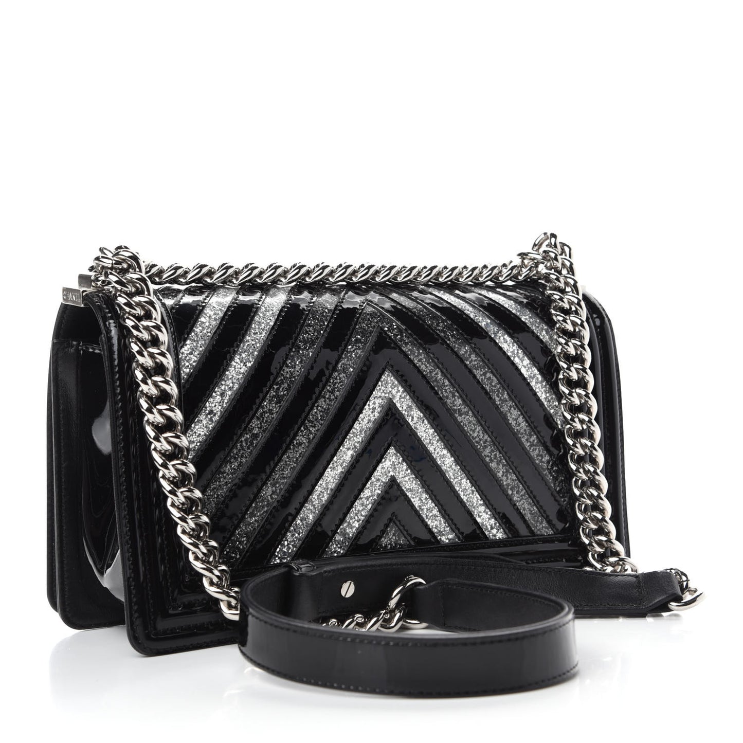 Patent Glitter PVC Chevron Quilted Medium Boy Flap Black Silver