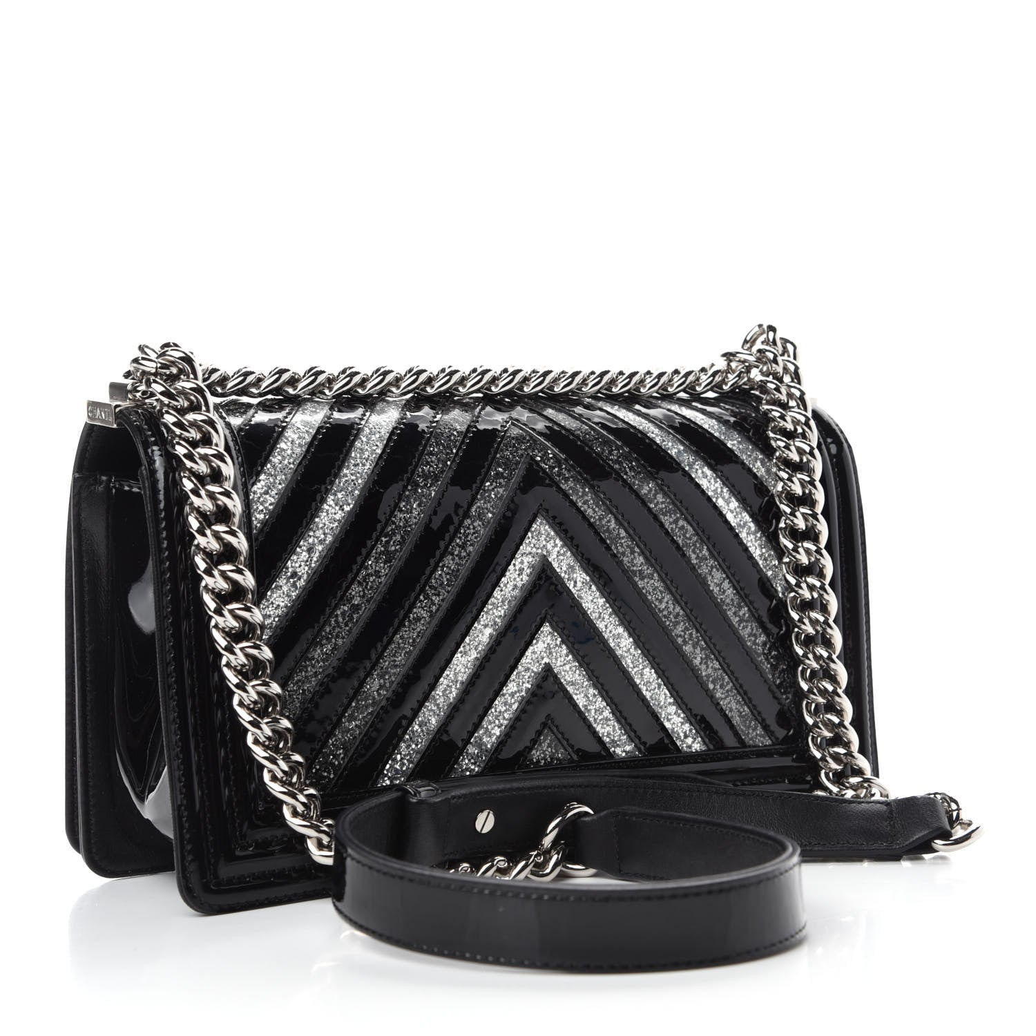 Chanel Patent Glitter PVC Chevron Quilted Medium Boy Flap Black Silver 3 of 12