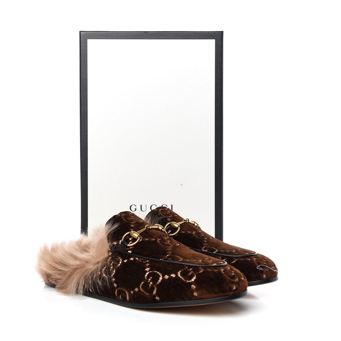 Velvet GG Monogram Fur Womens Princetown Slippers 38 Brown Black Natural