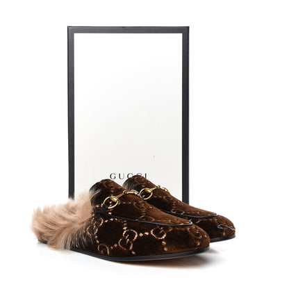 Gucci Velvet GG Monogram Fur Womens Princetown Slippers 38 Brown Black Natural 8 of 8