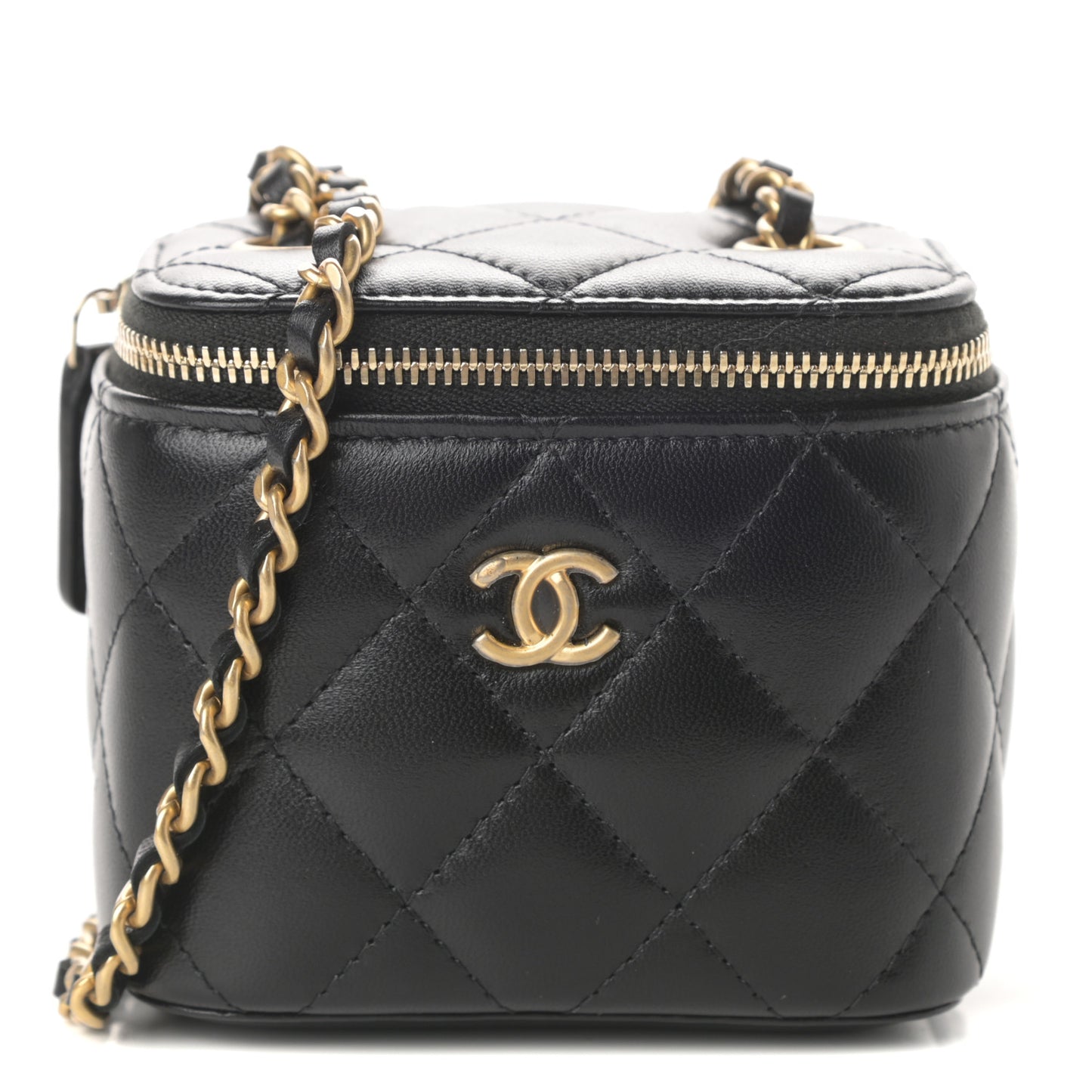 Lambskin Quilted Mini Pearl Crush Vanity Case With Chain Black