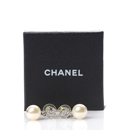 Chanel Crystal Pearl CC Drop Earrings Silver Pearly White 5 of 5