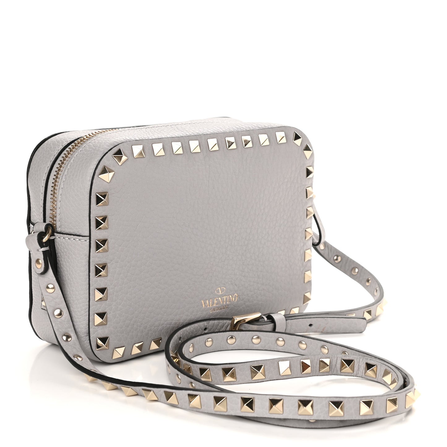 Pebbled Calfskin Rockstud Camera Crossbody Bag Grey
