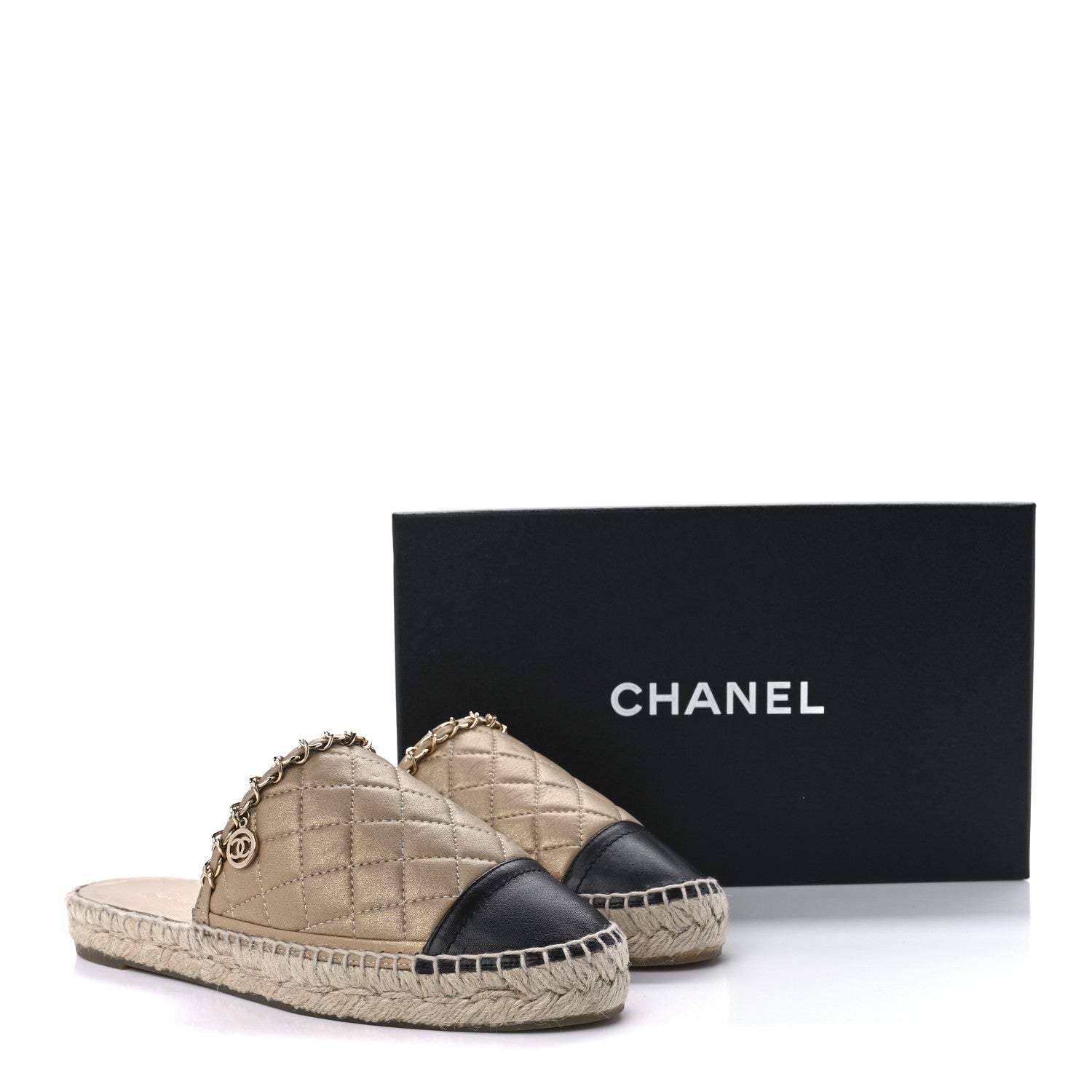 Chanel Metallic Calfskin Lambskin Grosgrain Quilted CC Chain Espadrille Mules 37 Gold Black 13 of 13