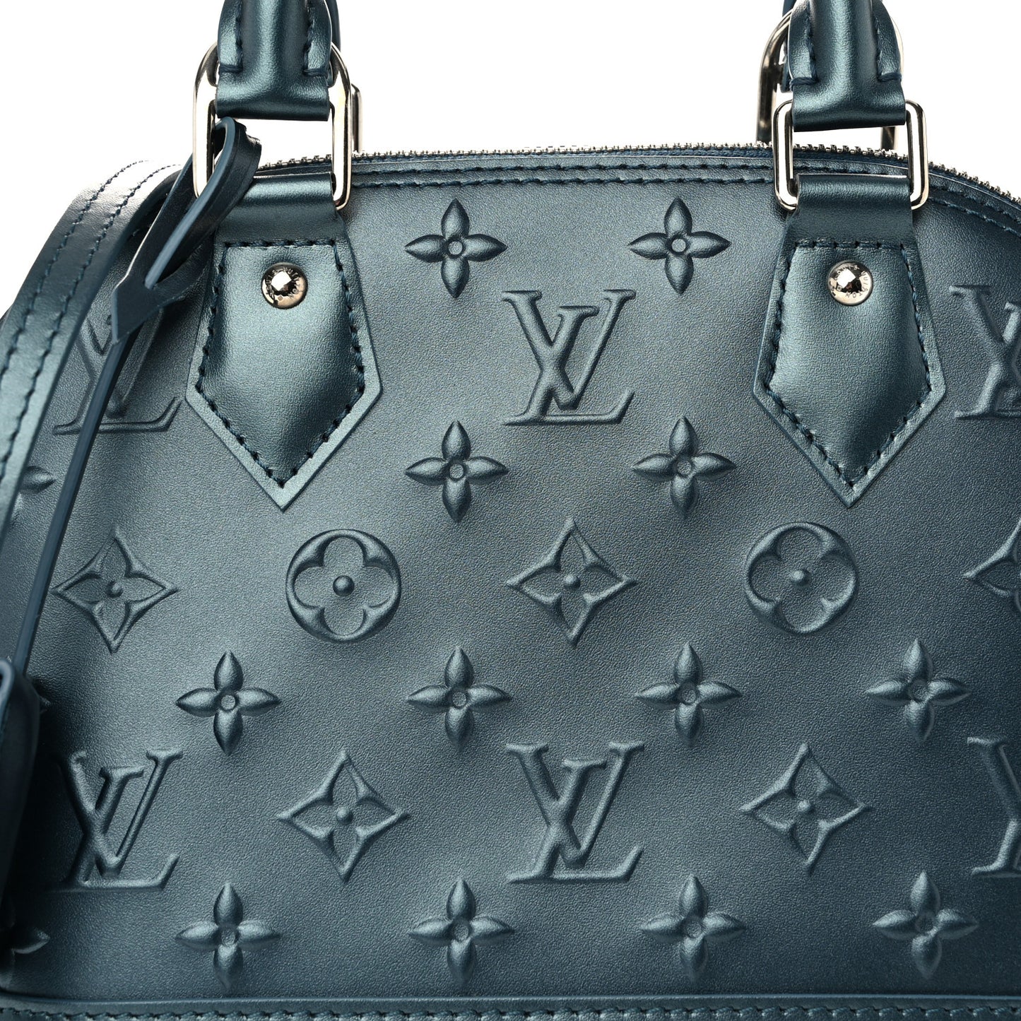 Metallic Calfskin Debossed Monogram Alma BB Steel Blue