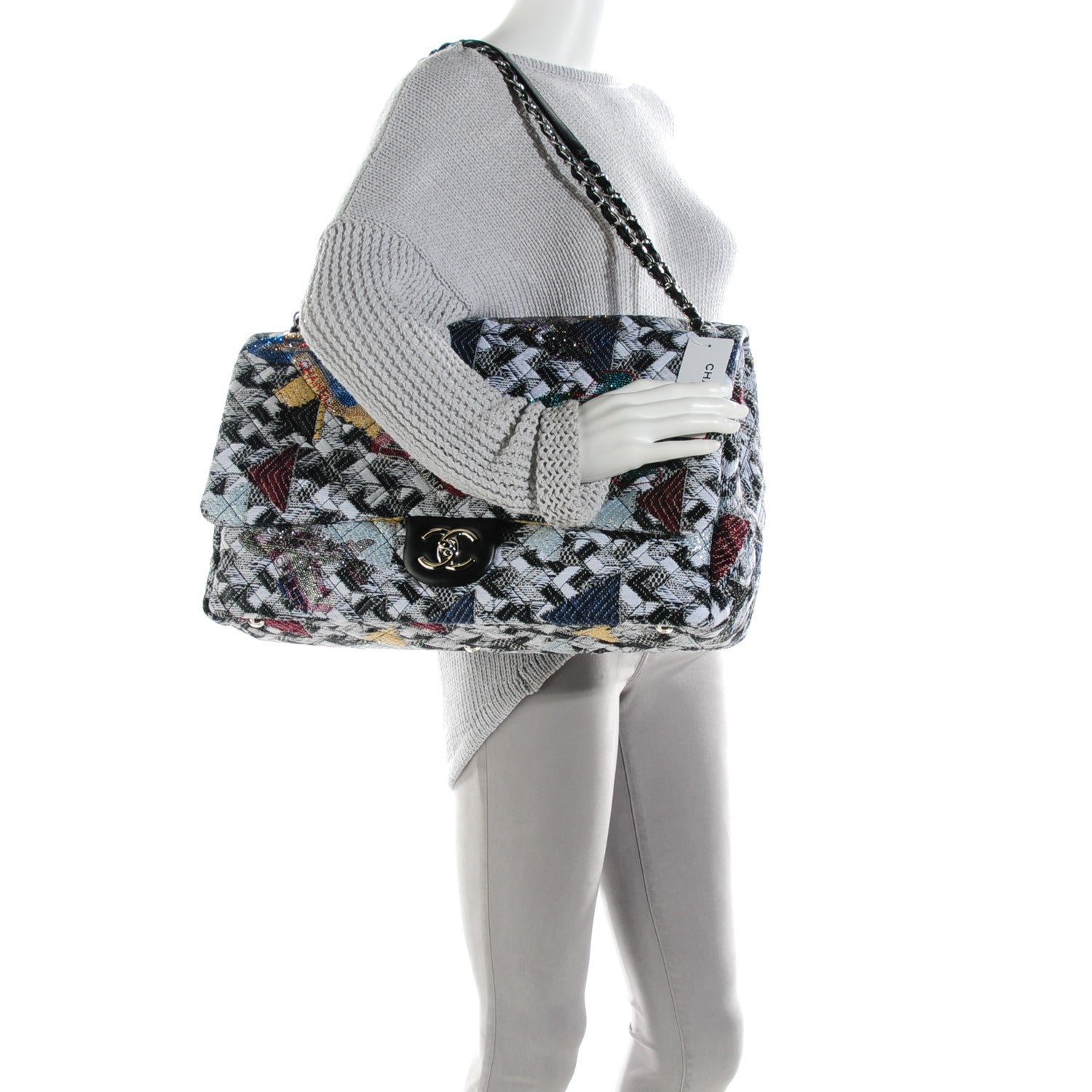 Chanel Tweed Strass Quilted XXL Plane Flap Black White Navy Yellow 7 of 24