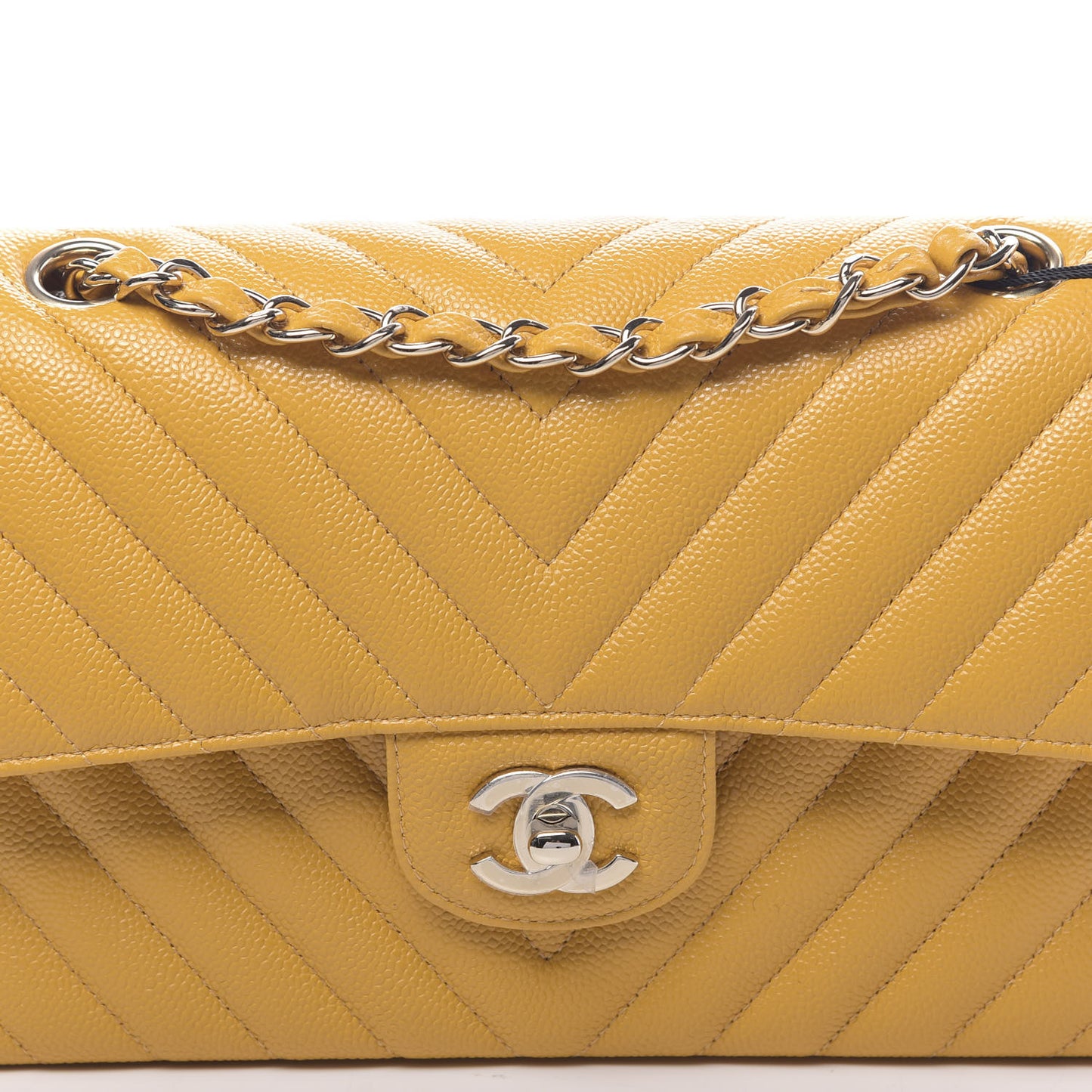 Caviar Chevron Quilted Small Double Flap Yellow