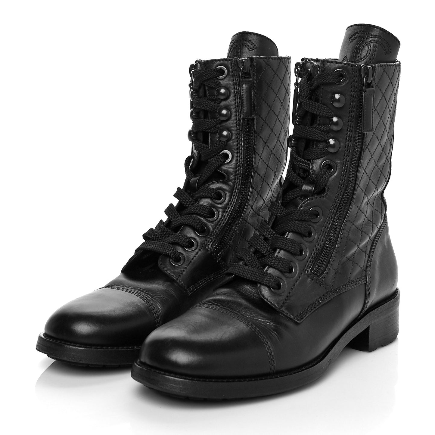 Calfskin Quilted CC Tall Lace Up Combat Boots 38 Black