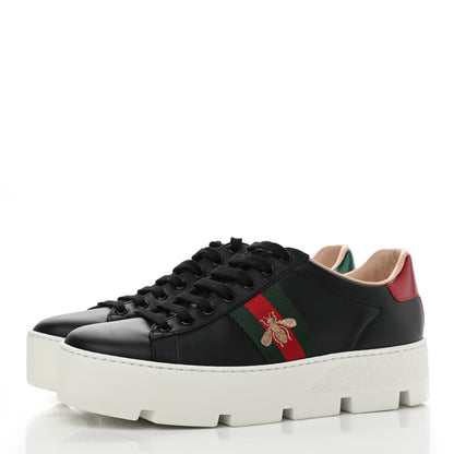 Gucci Calfskin Web Bee Embroidered Womens Ace Platform Sneakers 38 Black 3 of 8