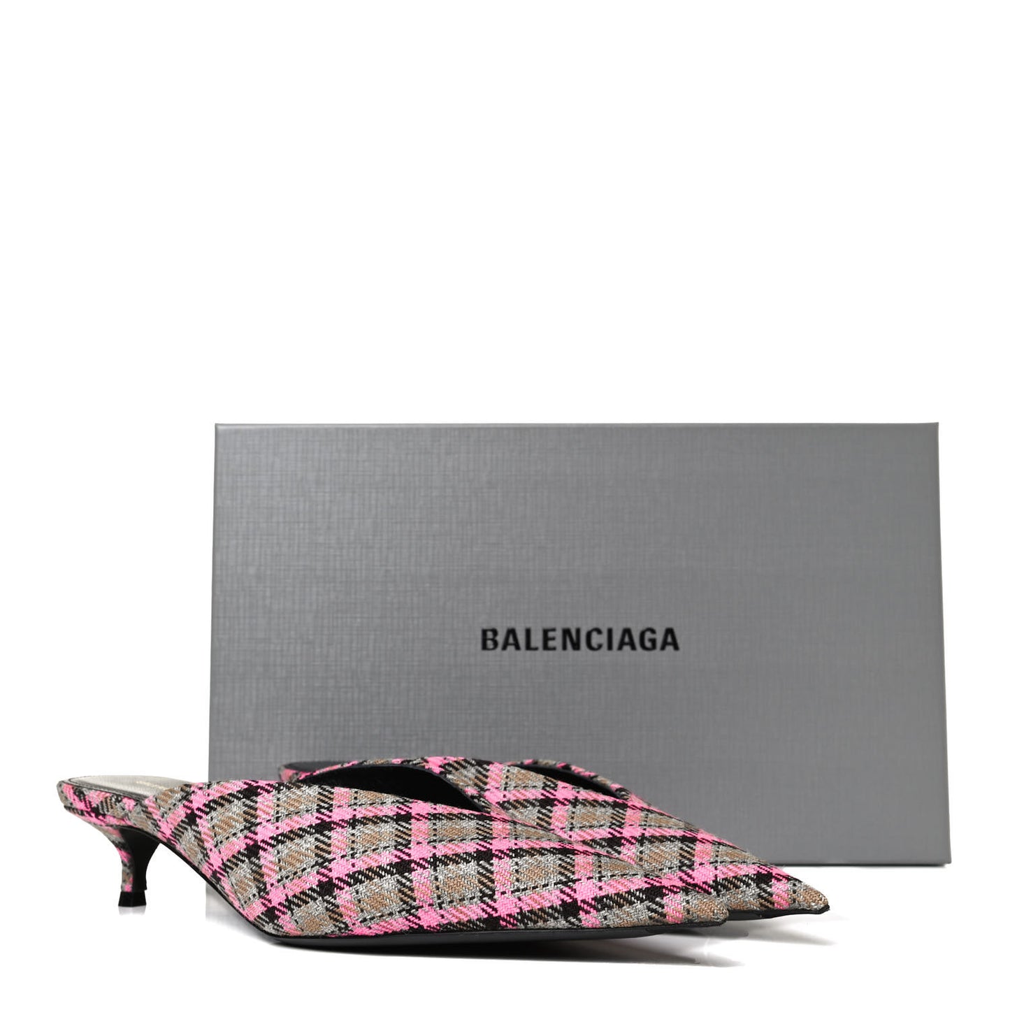 Wool Check Pointed Toe 40mm Mules 38 Grey Pink