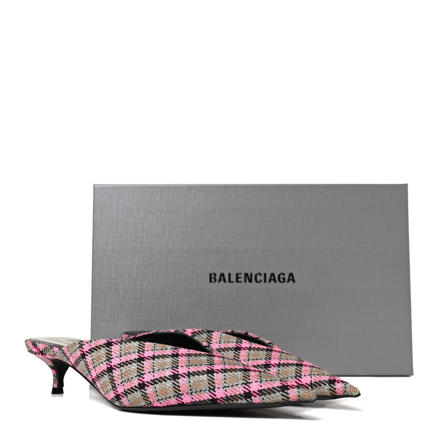 Balenciaga Wool Check Pointed Toe 40mm Mules 38 Grey Pink 12 of 12
