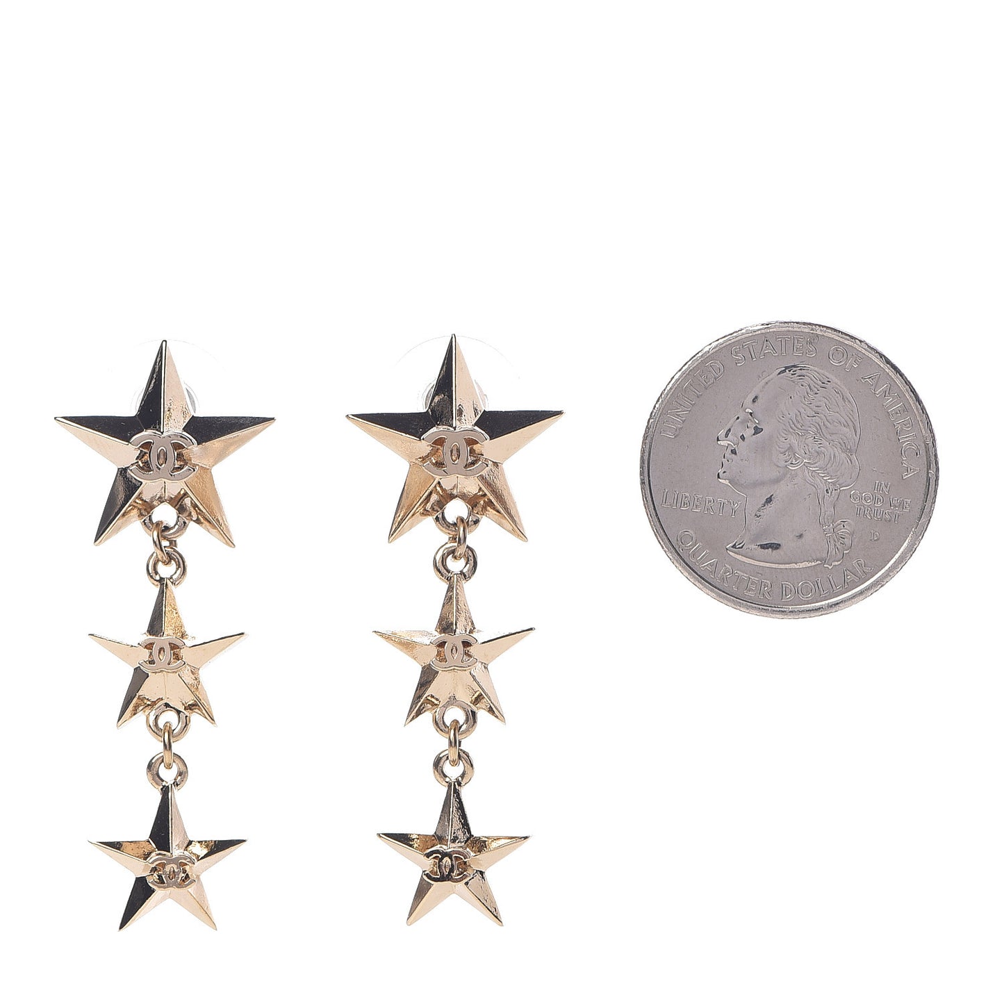Metal CC Triple Star Drop Earrings Gold