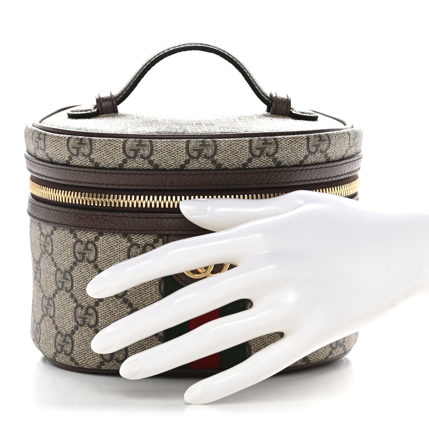 GG Supreme Monogram Textured Calfskin Web Ophidia Vanity Cosmetic Case Beige Ebony New Acero