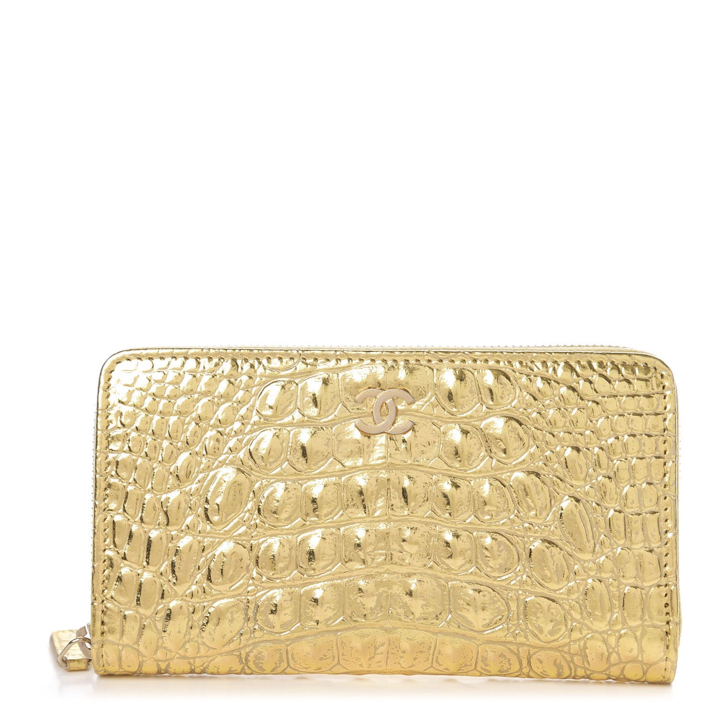 Metallic Calfskin Crocodile Embossed Small Zip Wallet Gold