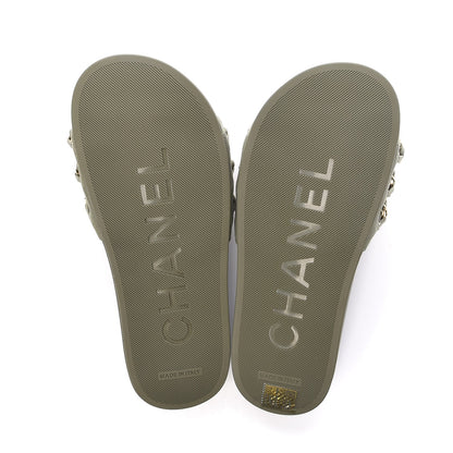 Chanel Canvas Chain Flat Sandals 37 Khaki 5 of 9