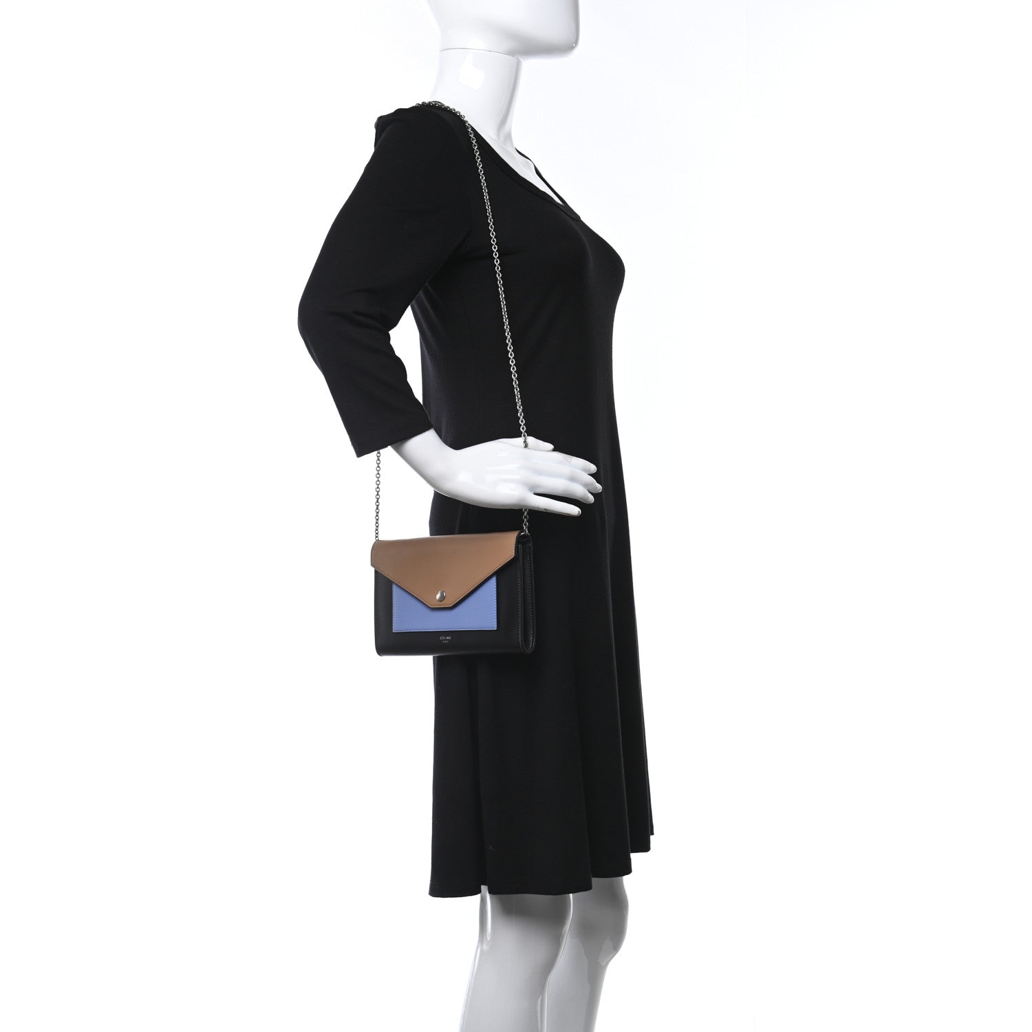 Celine Shiny Calfskin Large Pocket Flap On Chain Black Blue Camel 2 of 9