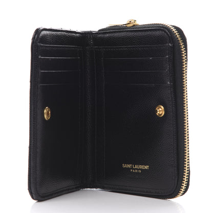 Saint Laurent Grain De Poudre Matelasse Chevron Monogram Compact Zip Around Wallet Black 5 of 9