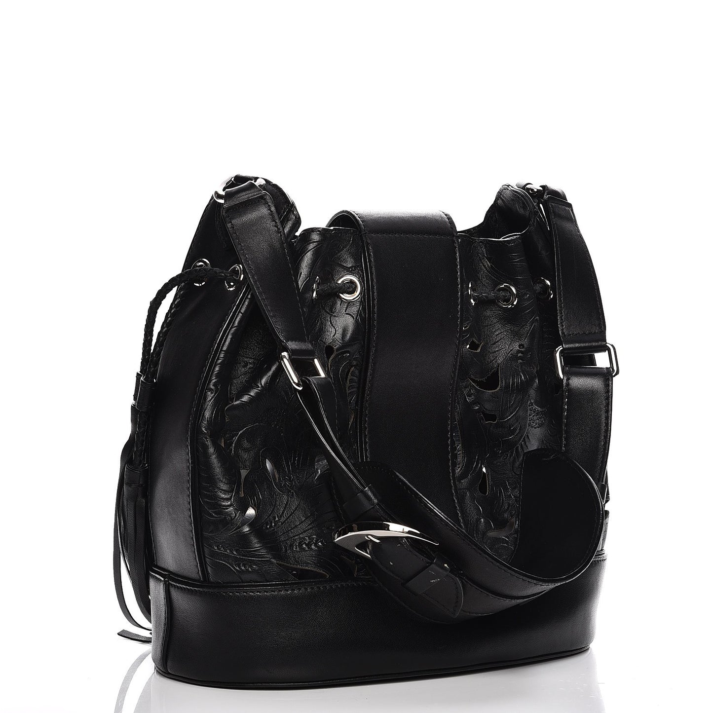 Calfskin Laser Cut Drawstring Bag Black