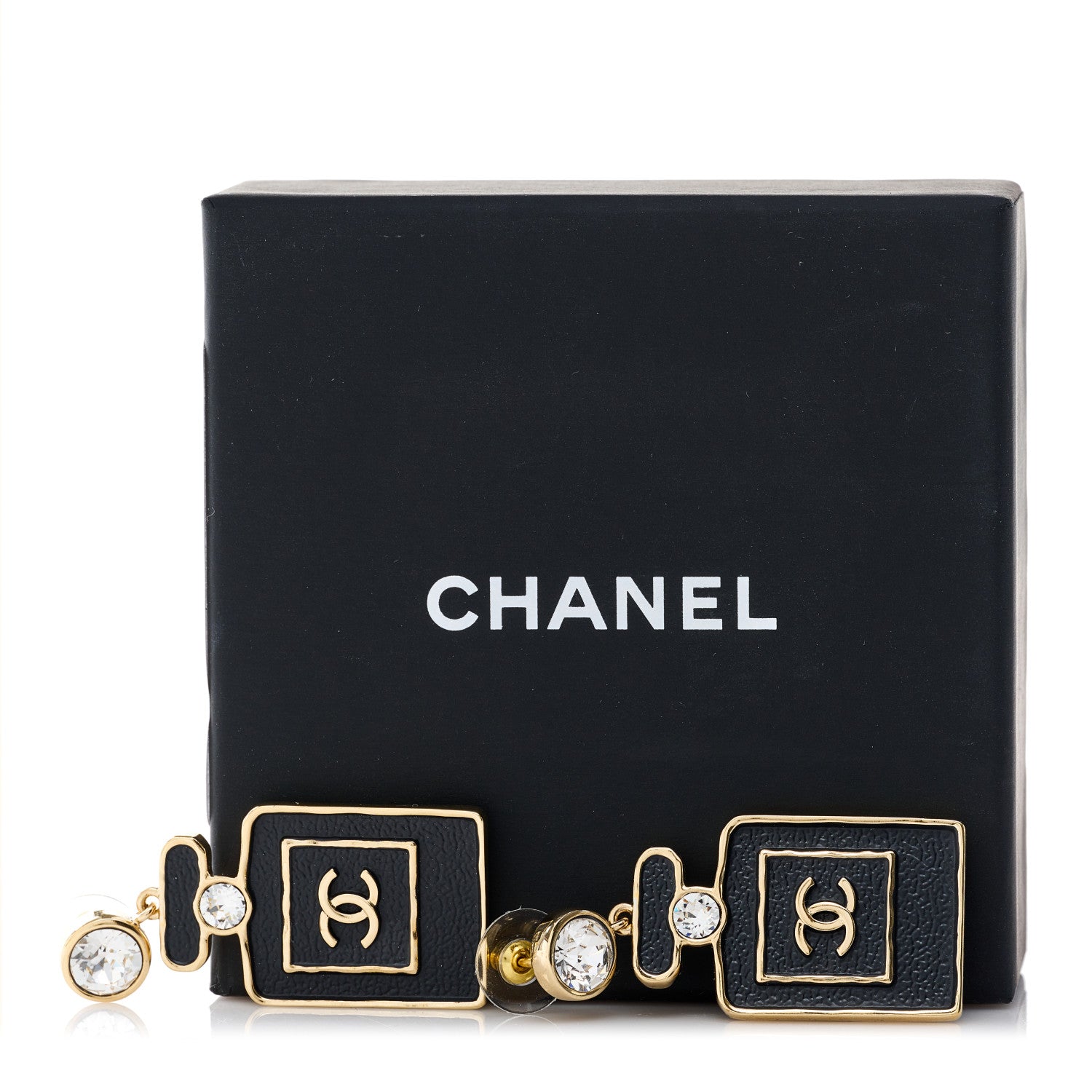 Chanel Metal Crystal Enamel CC Perfume Bottle Drop Earrings Gold Black 5 of 5