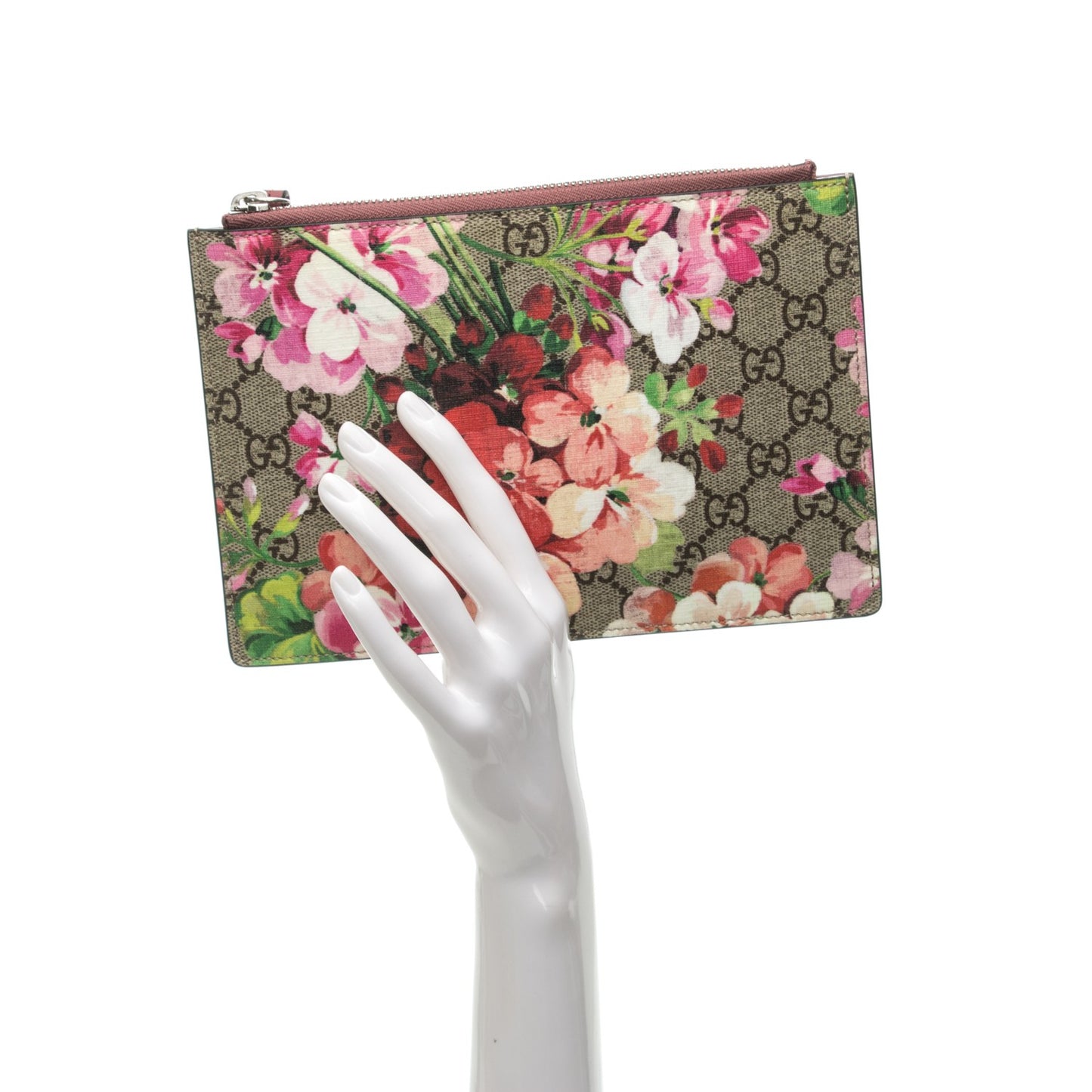 GG Supreme Monogram Blooms Small Zip Pouch Beige Multicolor Dry Rose