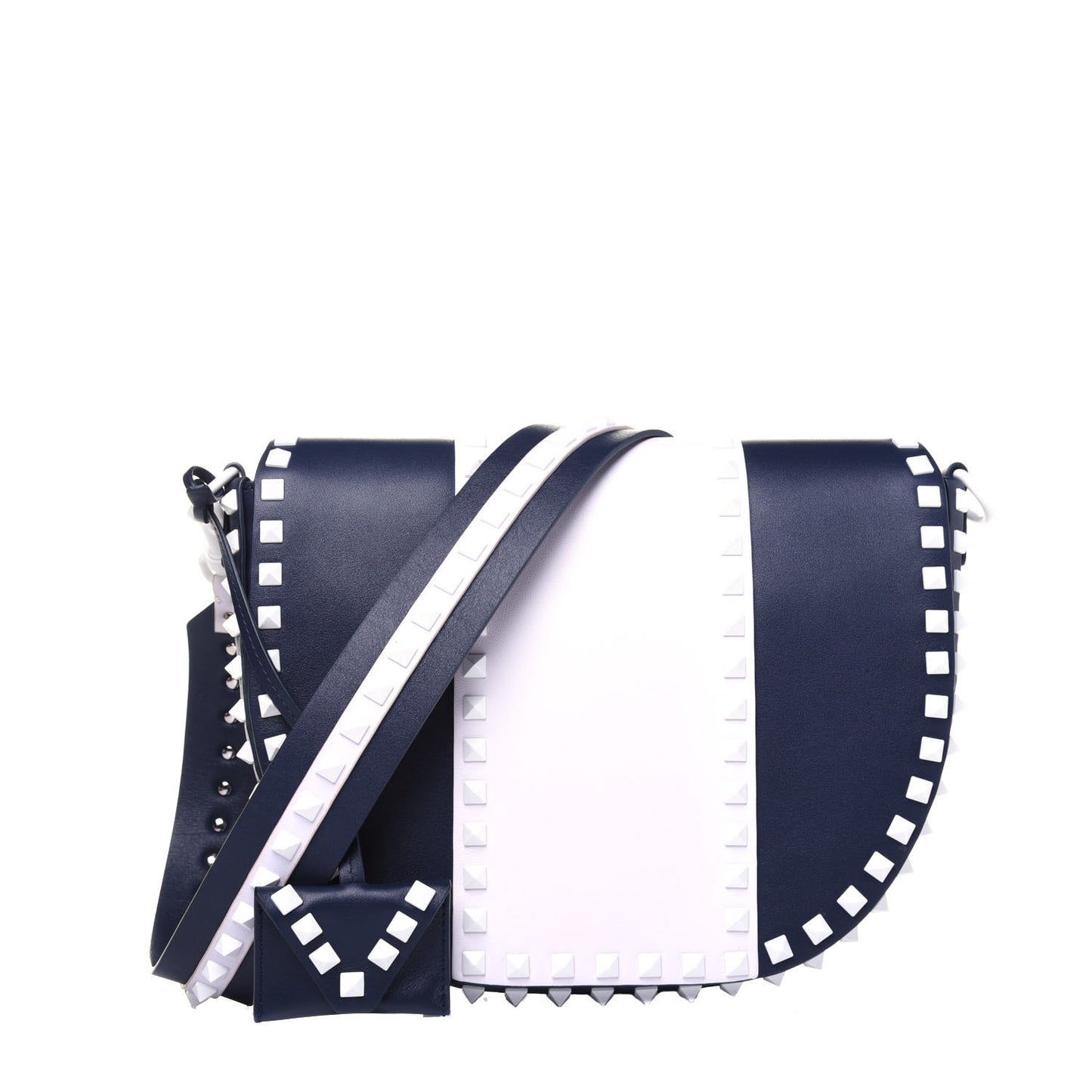 Vitello Colorblock Large Free Rockstud Halfmoon Saddle Bag Marine White