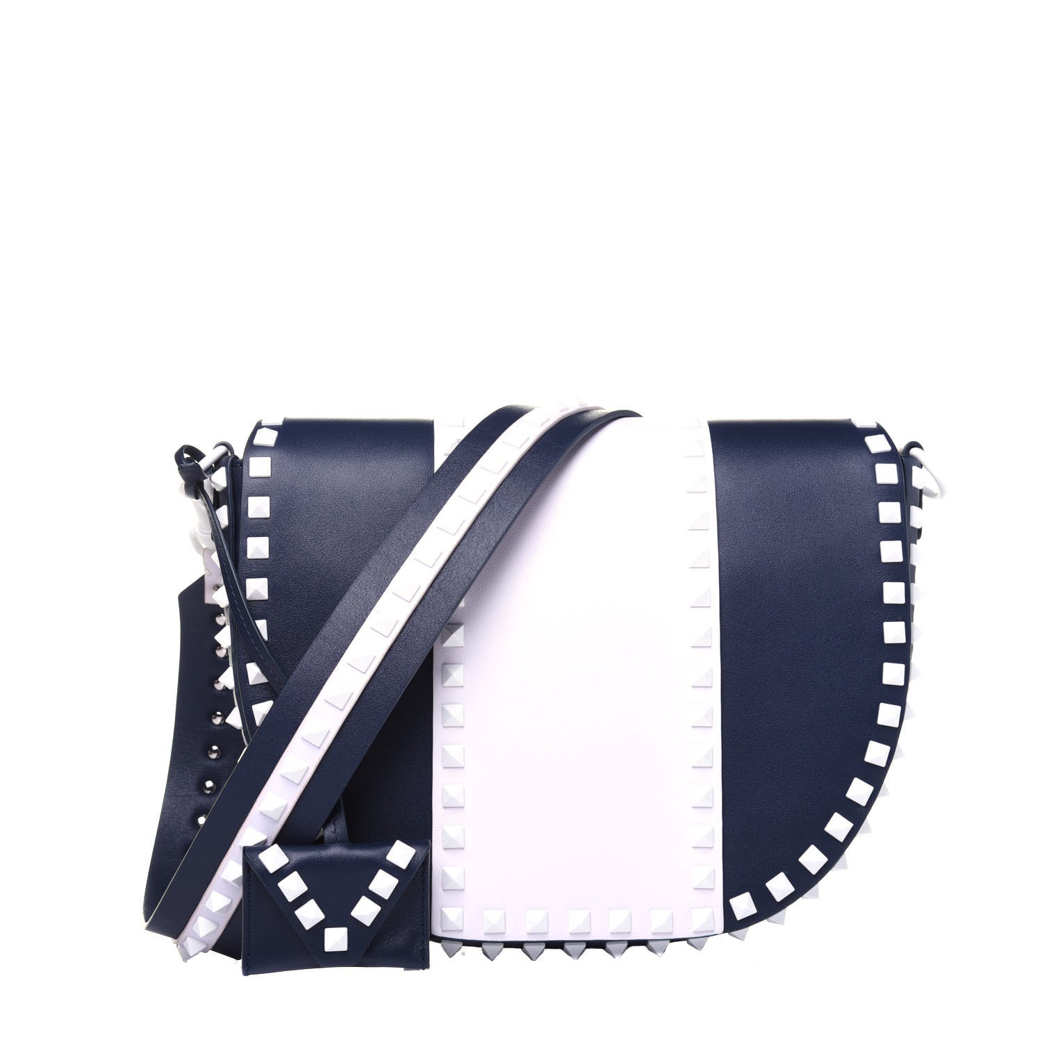Valentino Garavani Vitello Colorblock Large Free Rockstud Halfmoon Saddle Bag Marine White 1 of 15