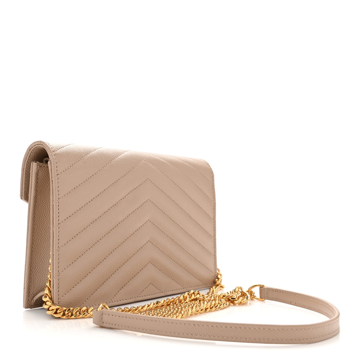 Saint Laurent Grain De Poudre Matelasse Chevron Monogram Envelope Chain Wallet Dark Beige 3 of 12
