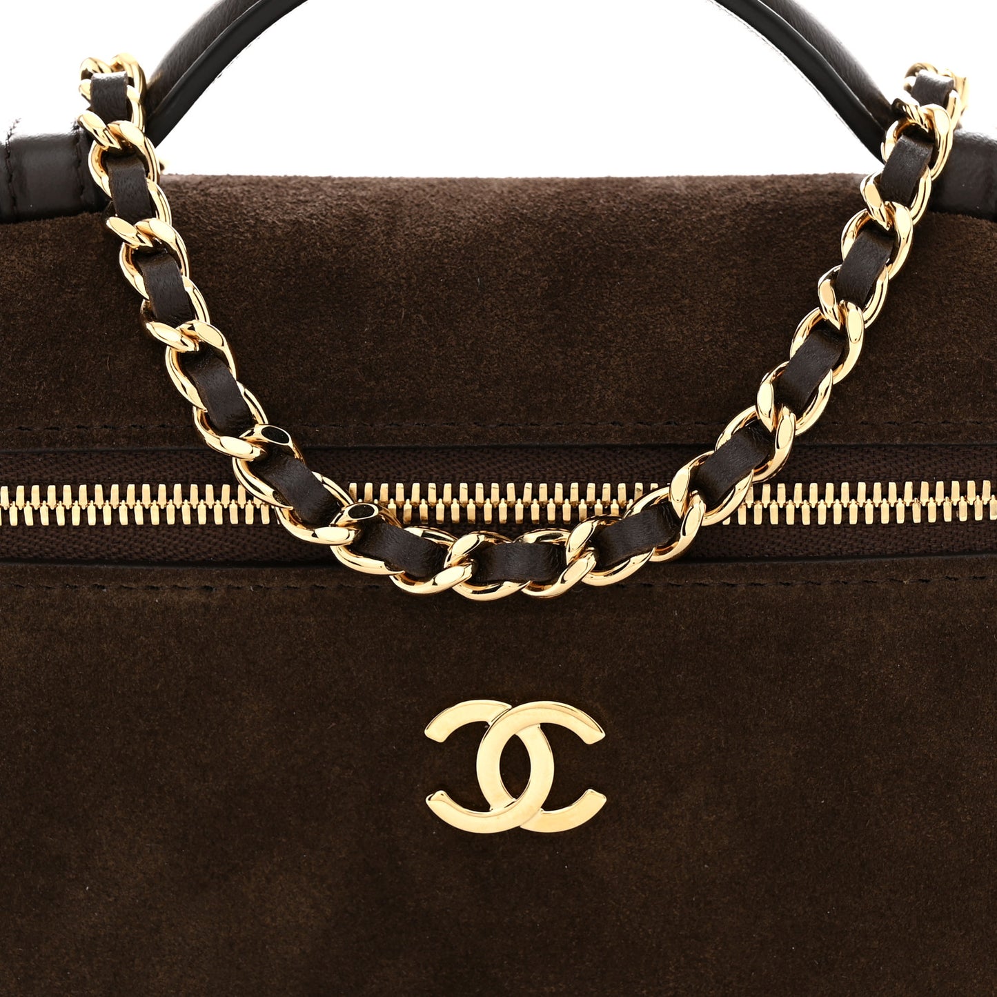 Suede Calfskin Top Handle Trapeze Small Vanity Case With Chain Dark Brown