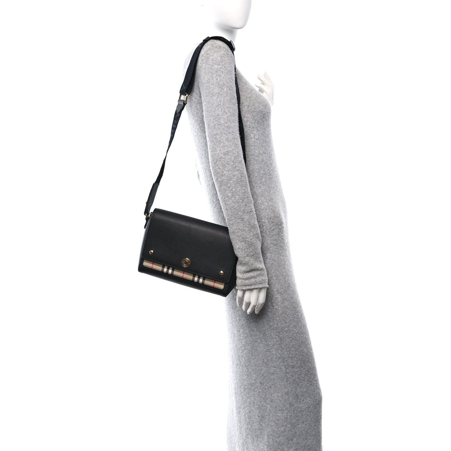 Coated Canvas Calfskin Vintage Check Medium Note Crossbody Bag Black