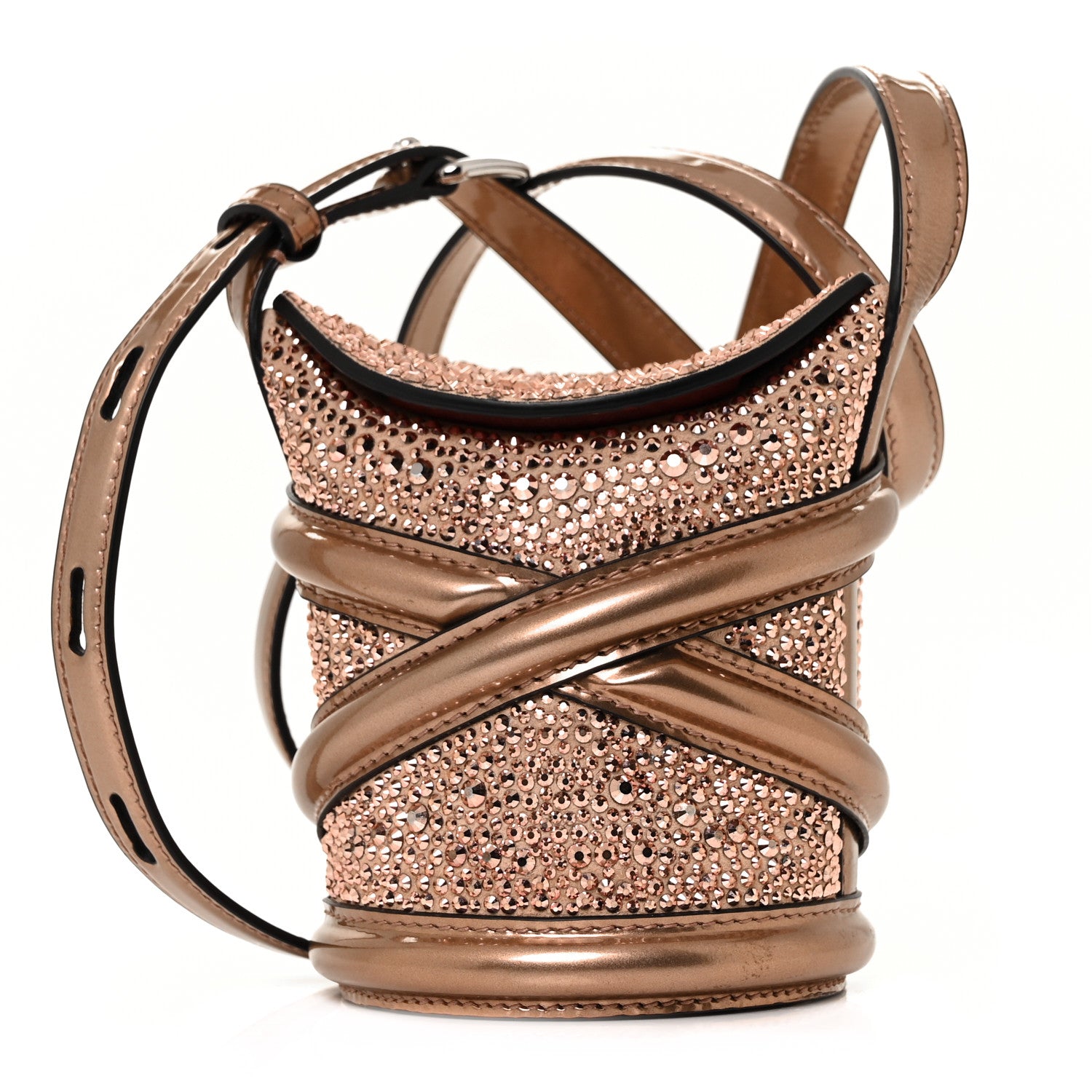 Alexander McQueen Metallic Calfskin Crystal Mini Curve Bucket Bag Rose Gold 1 of 9