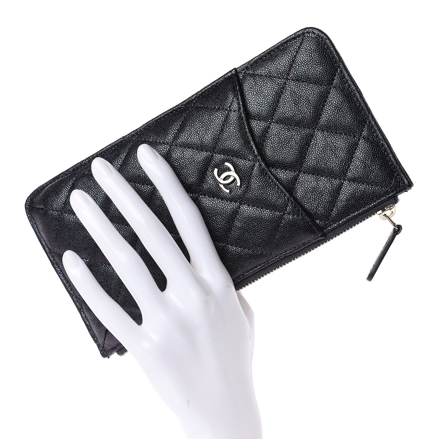 Iridescent Caviar Quilted Classic Flat Wallet Pouch Black