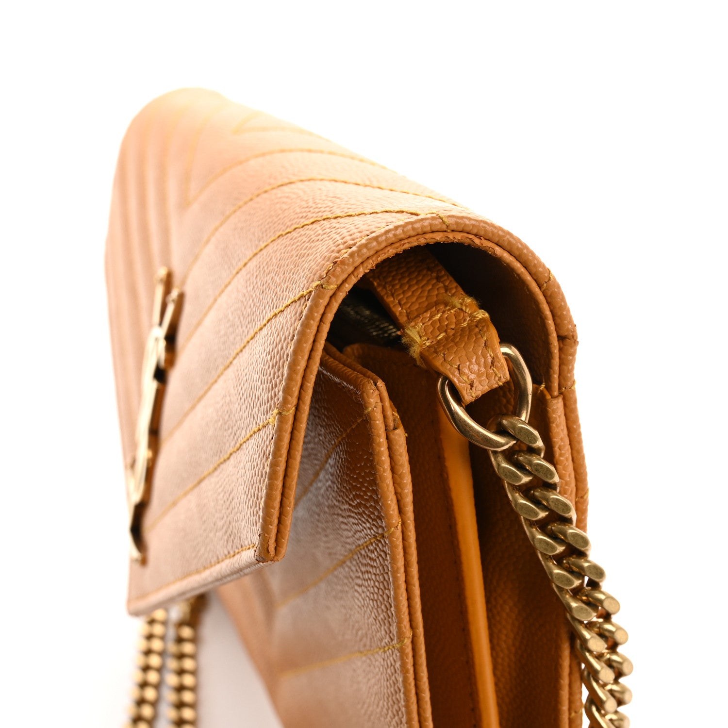 Saint Laurent Grain De Poudre Matelasse Chevron Cassandre Chain Wallet Senape Yellow 12 of 20