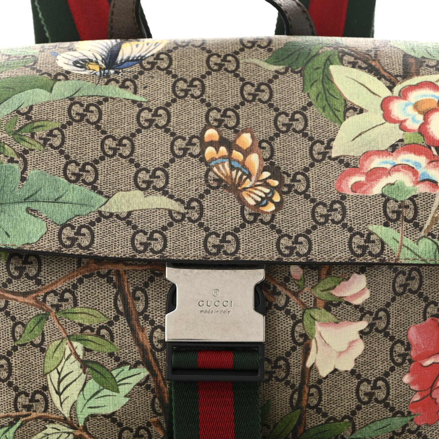 GG Supreme Monogram Tian Web Single Buckle Backpack Beige Multicolor New Acero