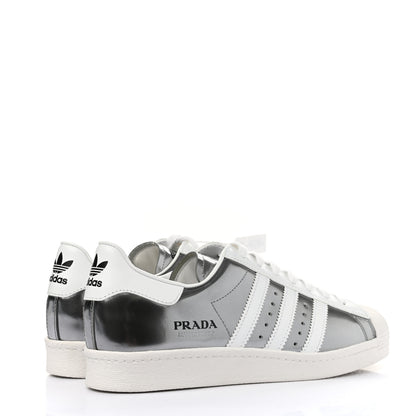 Prada X ADIDAS Brushed Calfskin Logo Mens Superstar Sneakers 8.5 Silver White 4 of 9