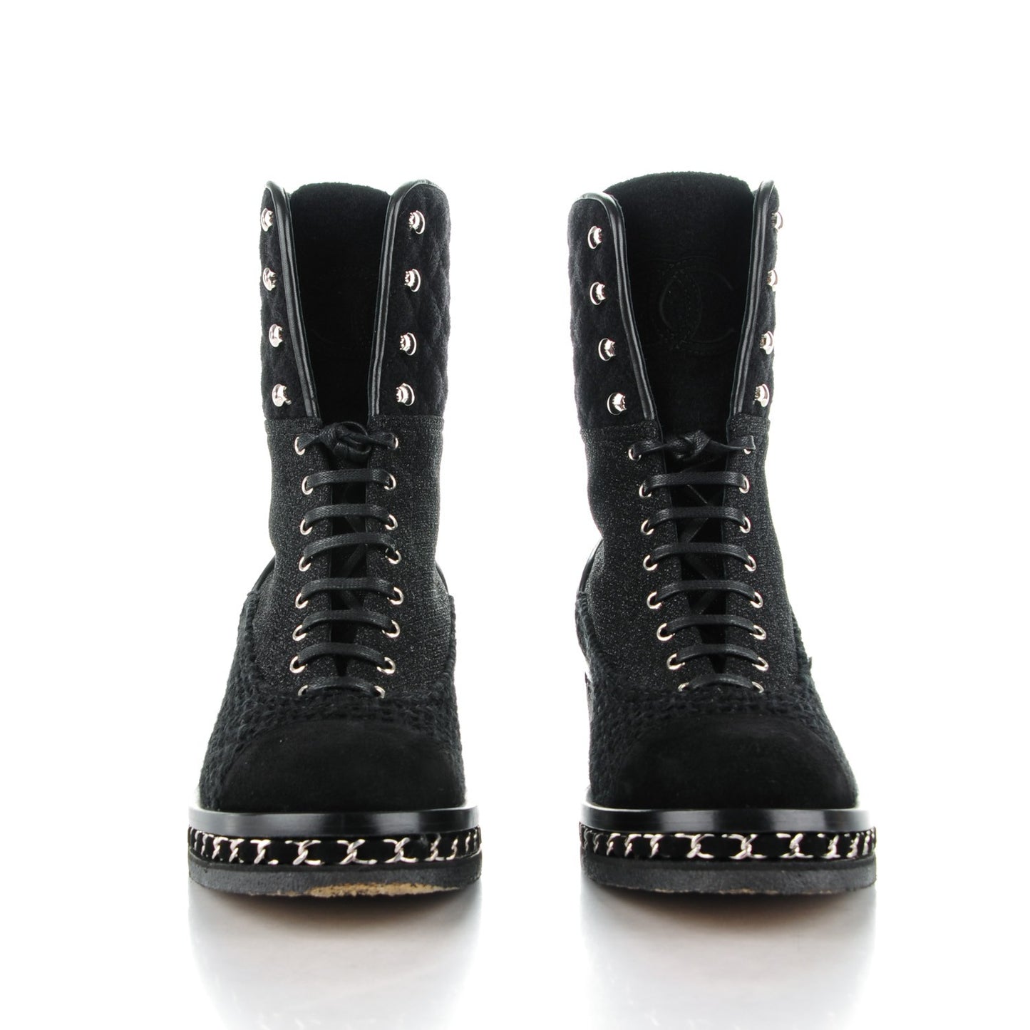 Tweed Quilted Chain Short Boots 38 Black