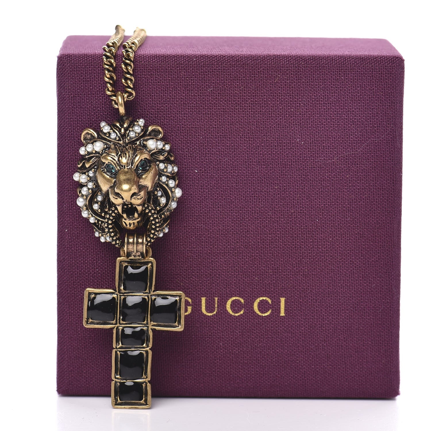 Gucci Metal Lion Head Pearl Crystal Crucifix Necklace Aged Gold 5 of 5