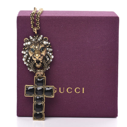 Gucci Metal Lion Head Pearl Crystal Crucifix Necklace Aged Gold 5 of 5