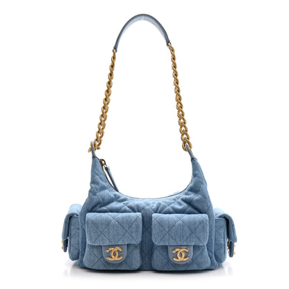 Chanel Washed Denim Quilted Large Trendy Pockets Hobo Blue 1 of 10