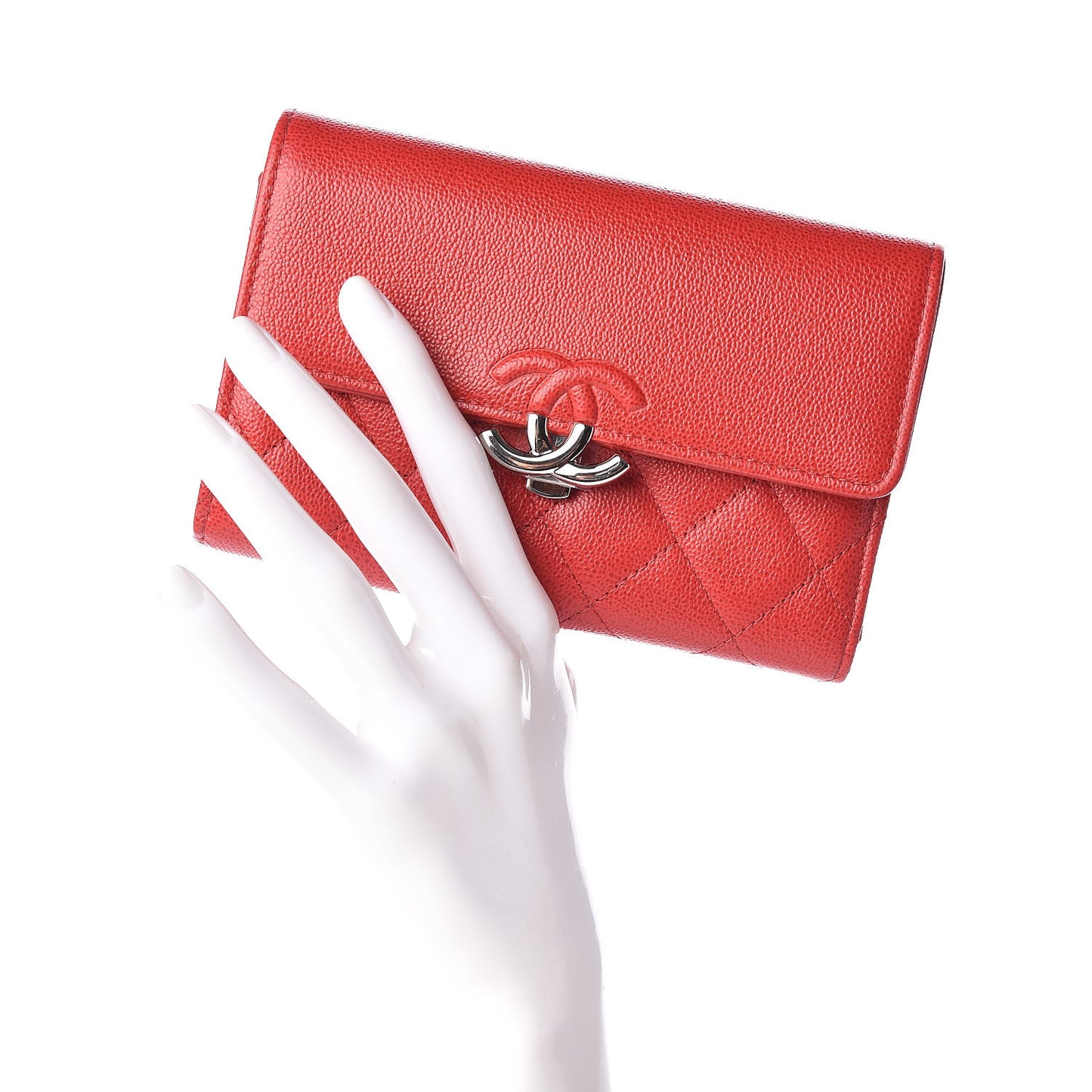Grained Calfskin Quilted CC Box Flap Wallet Red