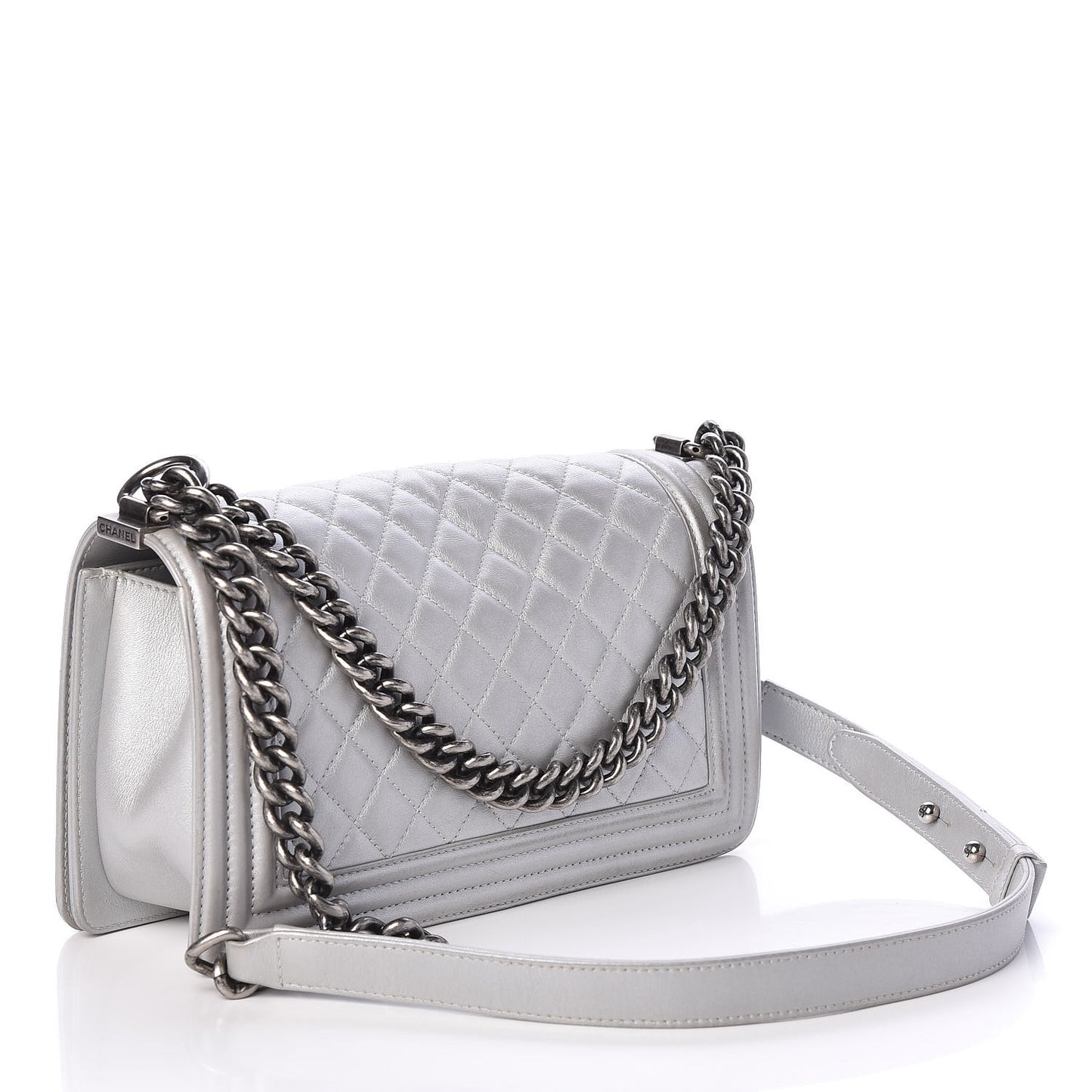 Metallic Lambskin Quilted Medium Boy Flap Silver