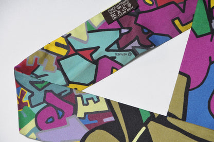 Hermes Silk Graff Graffiti Twilly Fuchsia Kaki Jaune 4 of 7