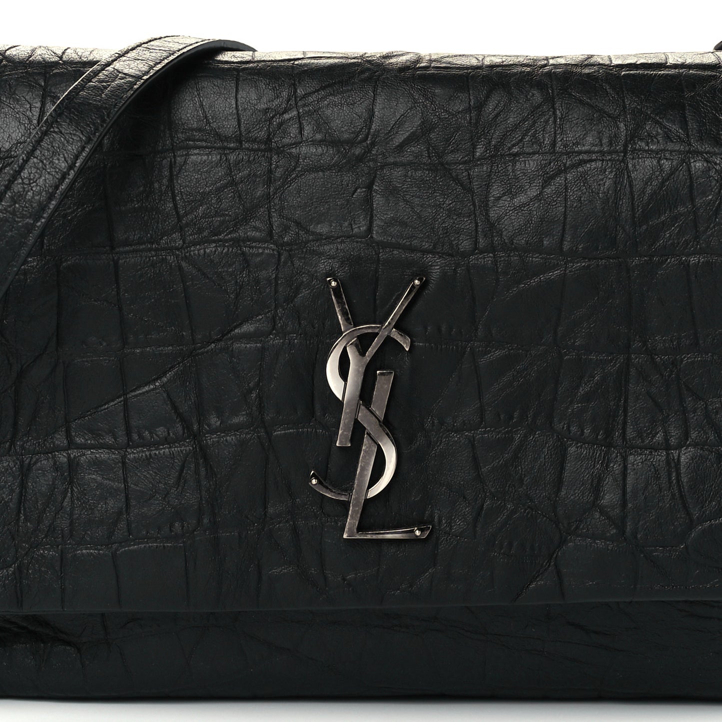 Calfskin Crocodile Embossed Medium West Hollywood Monogram Fold-Over Black