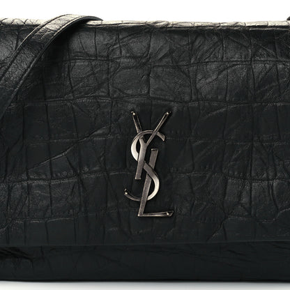 Saint Laurent Calfskin Crocodile Embossed Medium West Hollywood Monogram Fold-Over Black 10 of 15