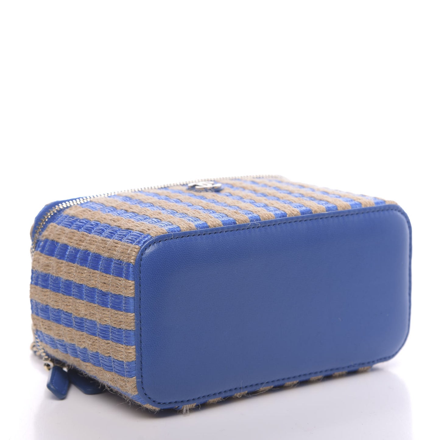Raffia Jute Striped Small Vanity Case With Chain Blue Beige