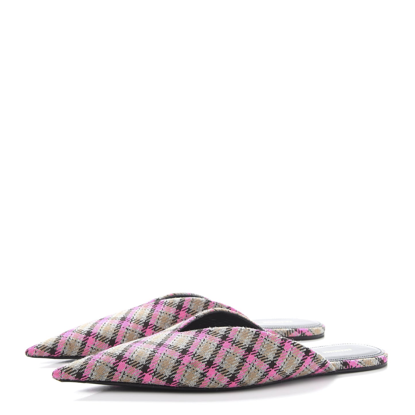 Wool Check Pointed Toe Flat Mules 38.5 Grey Pink