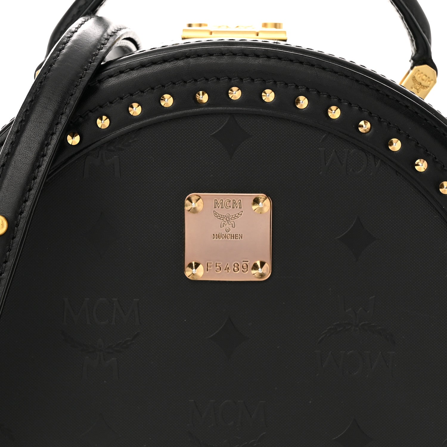 MCM Monogram Coated Canvas Berlin Studded Hat Box Crossbody Black 7 of 9