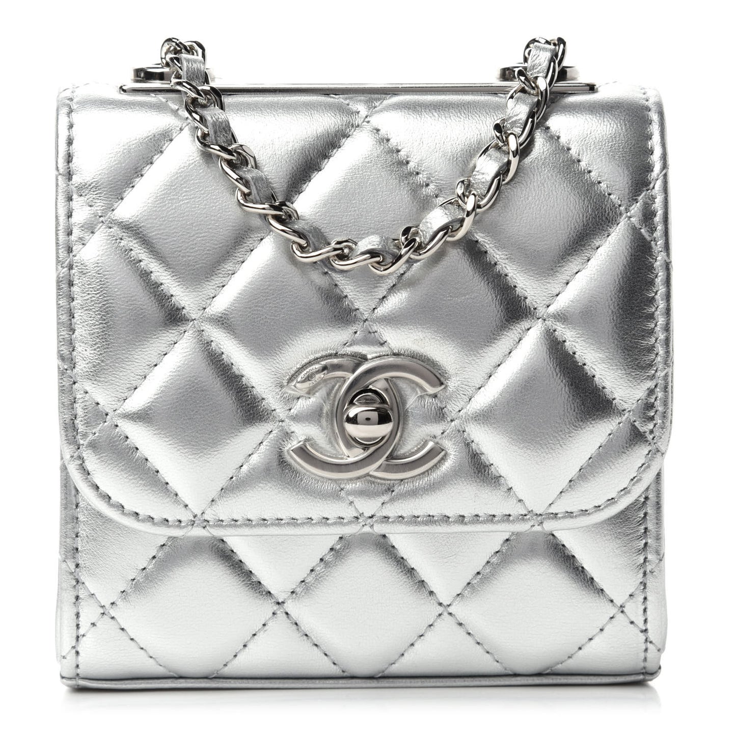 Metallic Lambskin Quilted Mini Trendy CC Clutch With Chain Silver