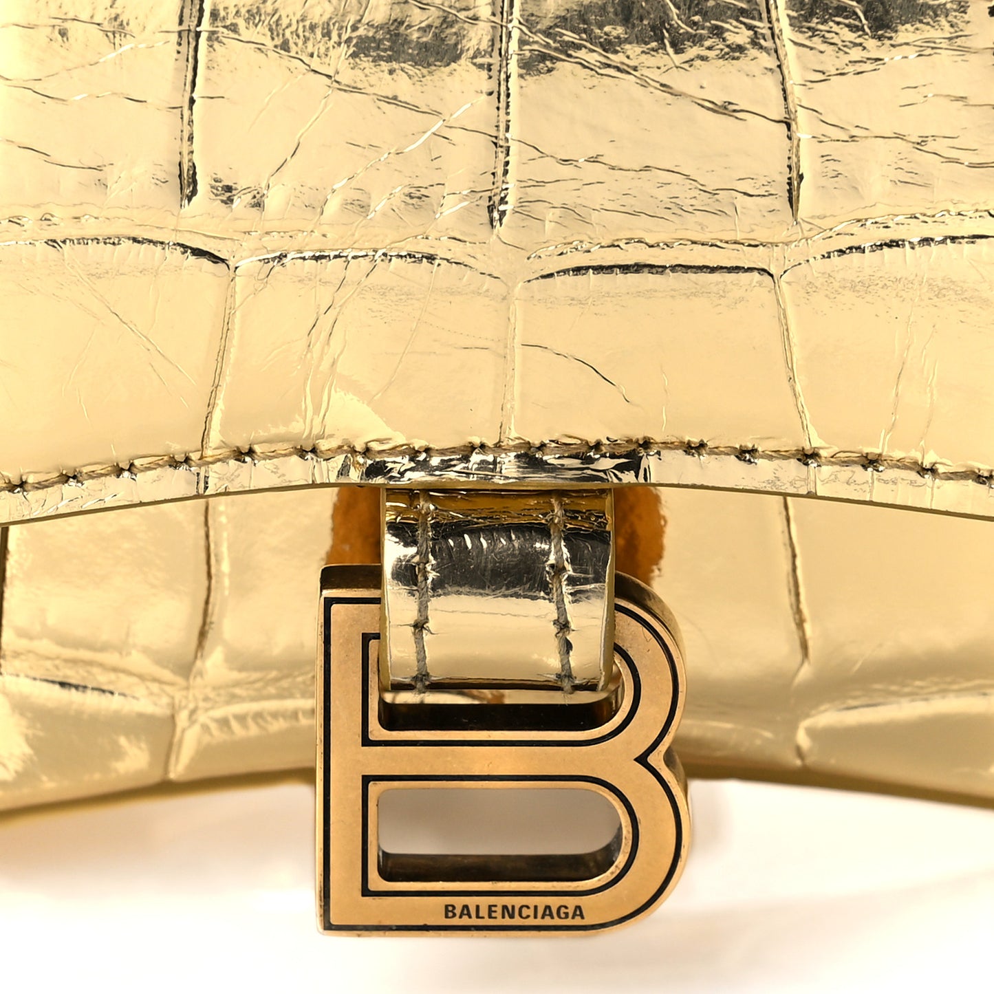 Metallic Calfskin Crocodile Embossed Hourglass Top Handle Bag Mini Gold