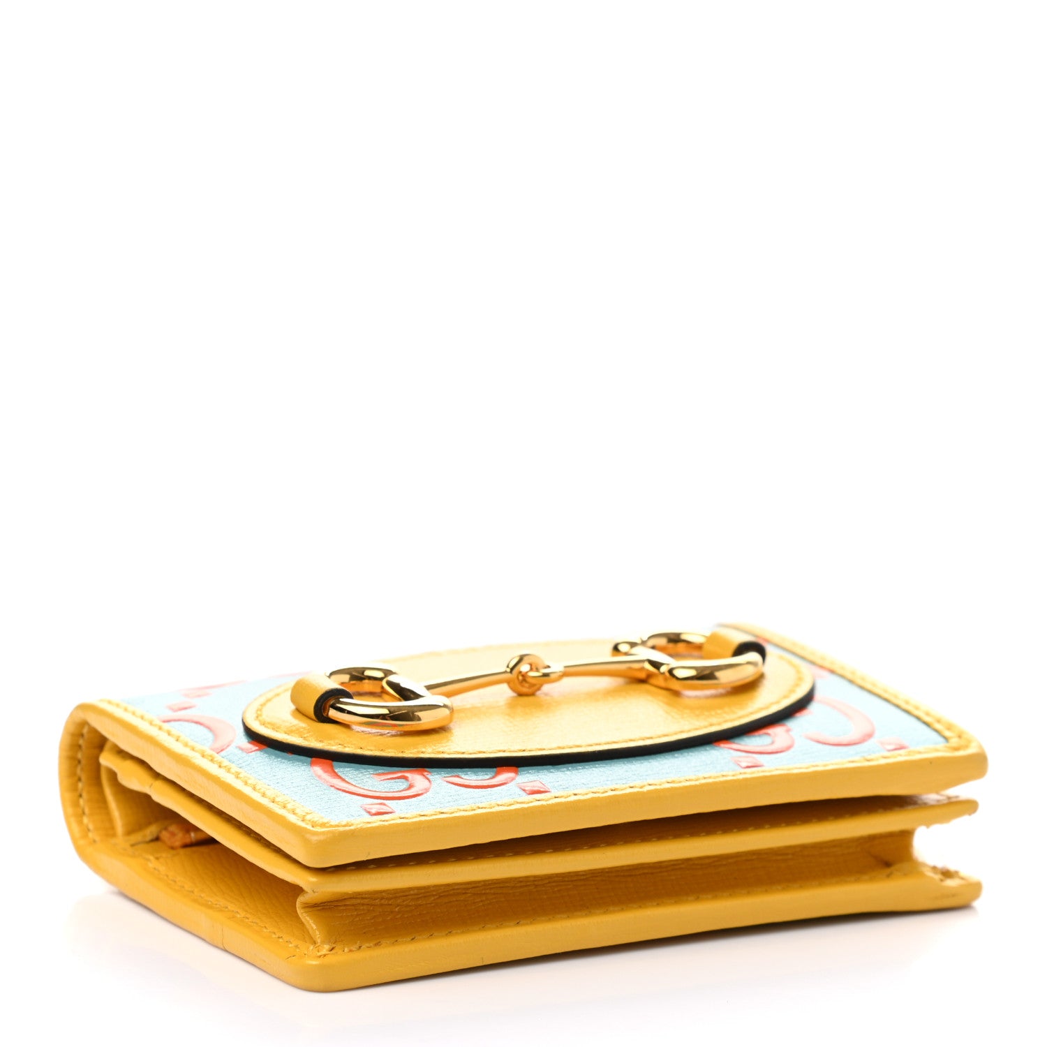 Gucci Azalea Calfskin GG Monogram Bi-Color Debossed Horsebit 1955 Card Case Wallet Dusty Azure Stone Topaz Deep Orange 4 of 8