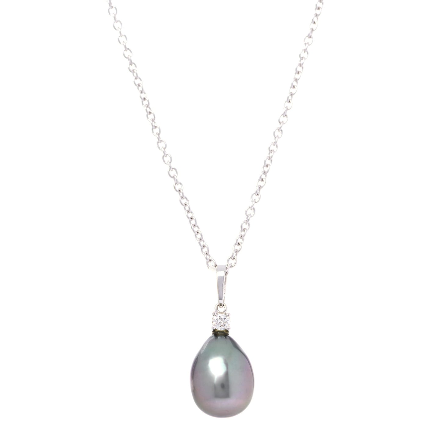 18K White Gold Diamond Black South Sea Pearl 10.5mm Pendant Necklace